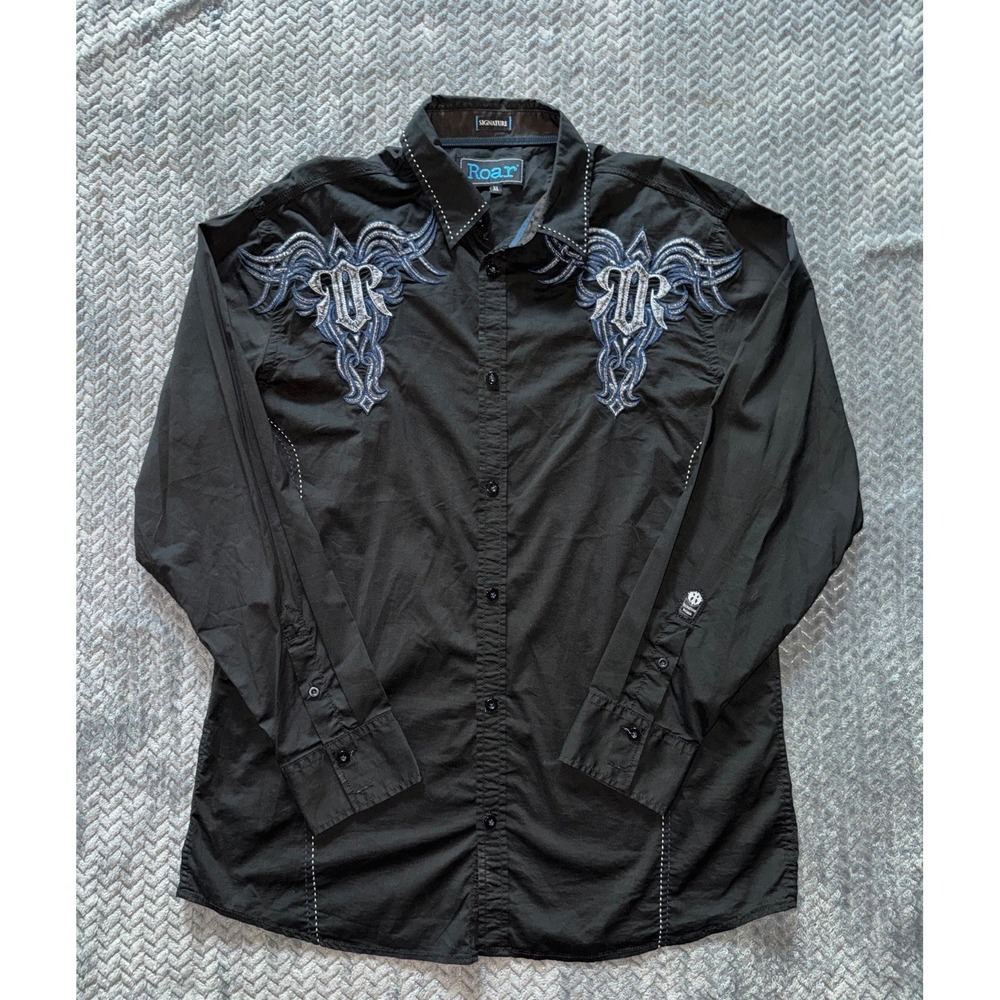 Roar Signitute Mens Button Up Shirt Long Sleeve Black Blue Embroidery Size XL
